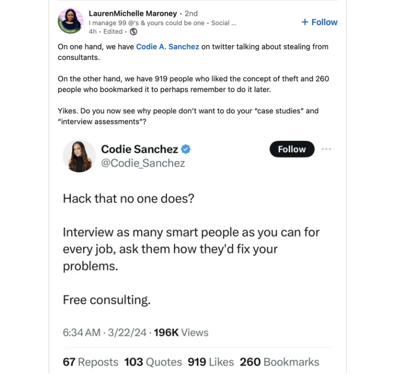 screenshot - LaurenMichelle Maroney. 2nd I manage 99 @'s & yours could be one Social ... 4h. Edited On one hand, we have Codie A. Sanchez on twitter talking about stealing from consultants. On the other hand, we have 919 people who d the concept of theft 